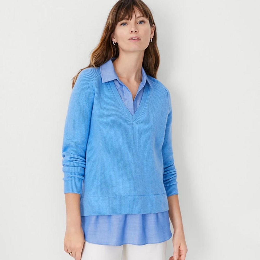 Ann Taylor Chambray Layered Mixed Media Sweater Blue Multi Women's